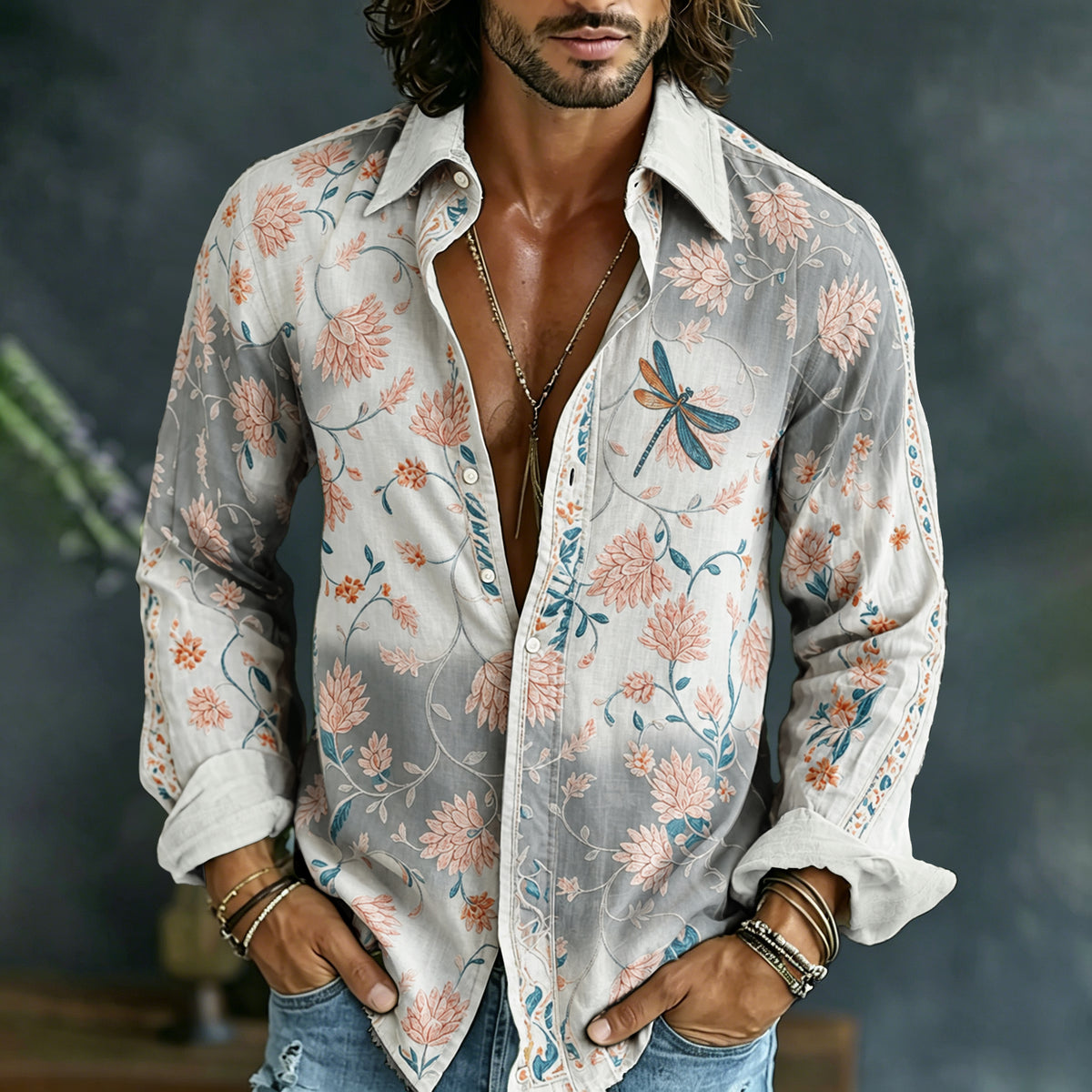 Men's Vintage Floral Art Print Flowy Linen Blend Casual Shirt