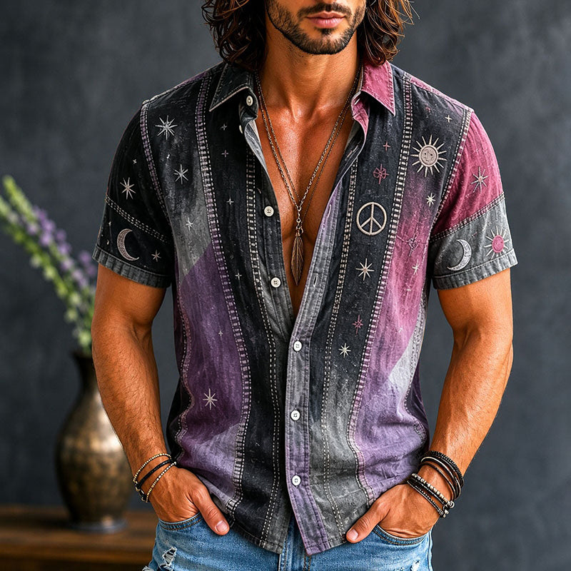 Men's Vintage Patchwork Peace Sign Sun Moon Star Art Print Linen Shirt