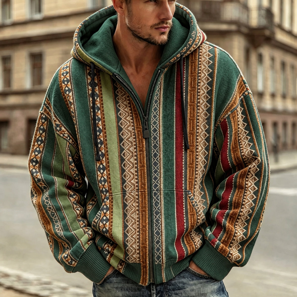 Men's Retro Geometric Ethnic Pattern Casual Warm Zip-up Hoodie