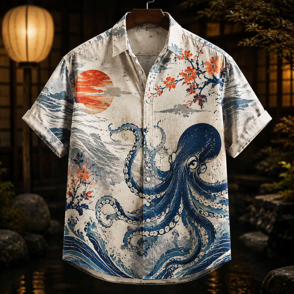 Men's Japanese Vintage Red Sun, Cherry Blossom & Blue Octopus Short-sleeve Shirt