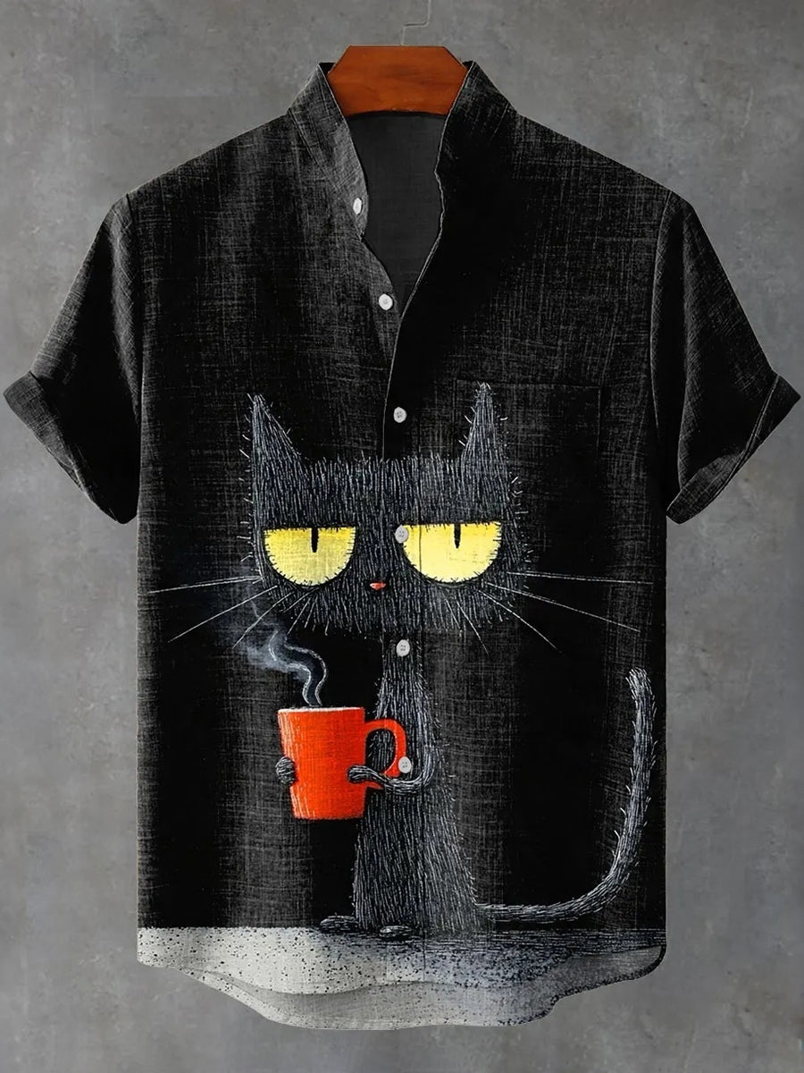 Men's Vintage Black Cat Art Print Casual Linen Shirt