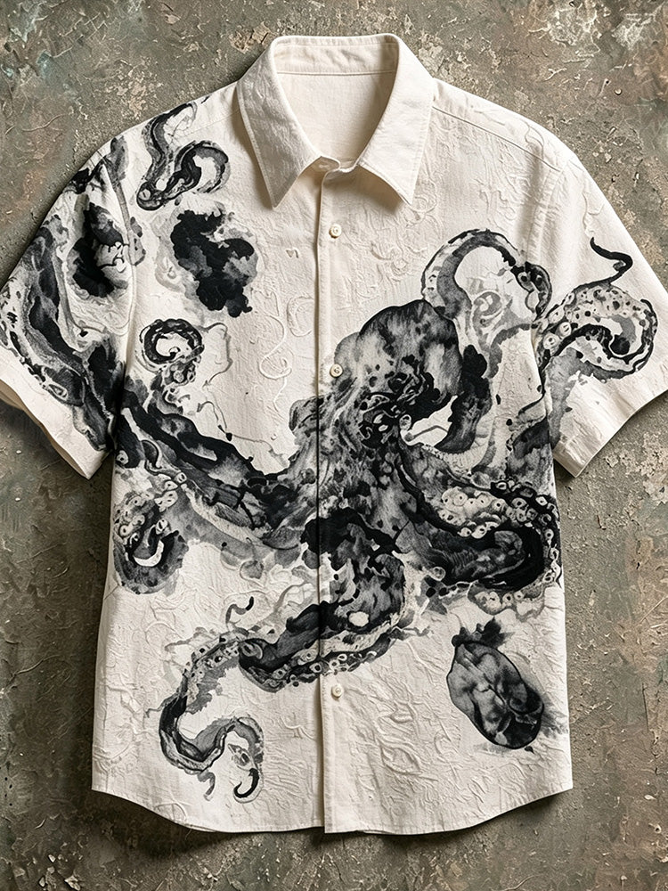 Retro Ink-wash Octopus Textured Linen Blend Short-sleeved Shirt