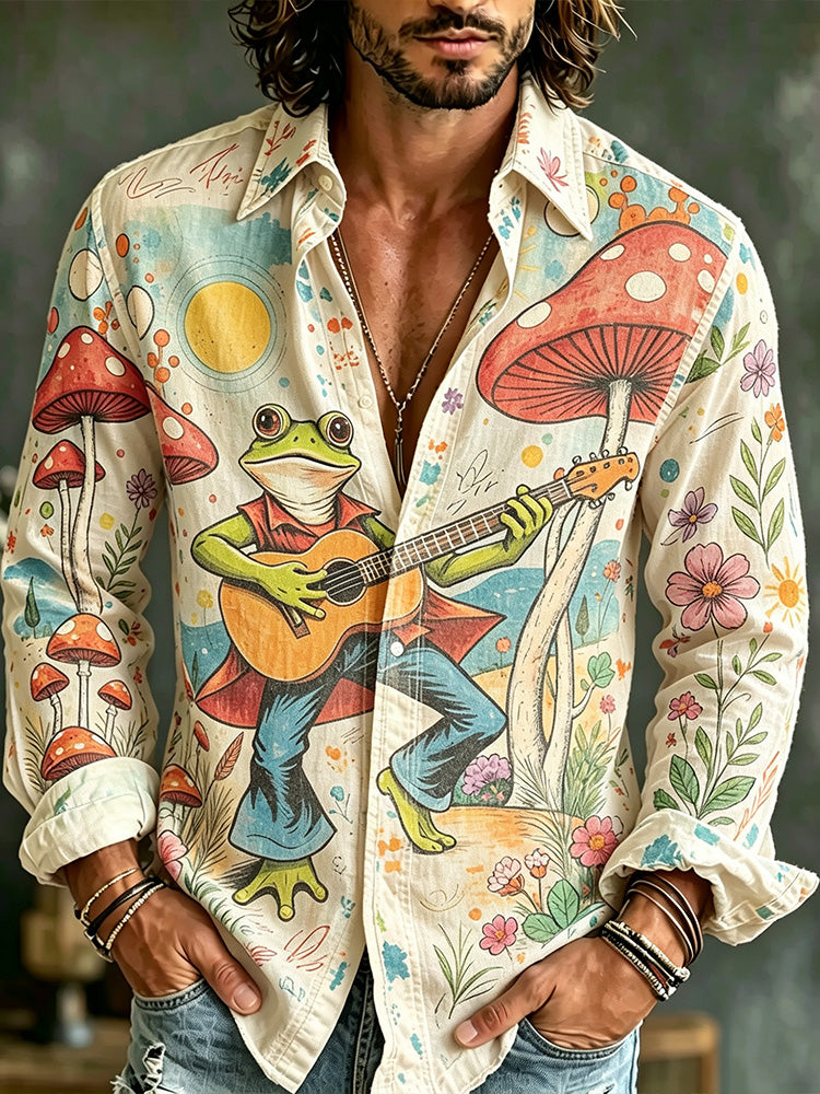 Men's Retro 70s Hippie Frog Guitar Mushroom Floral Psychedelic Print Loose Casual Shirt