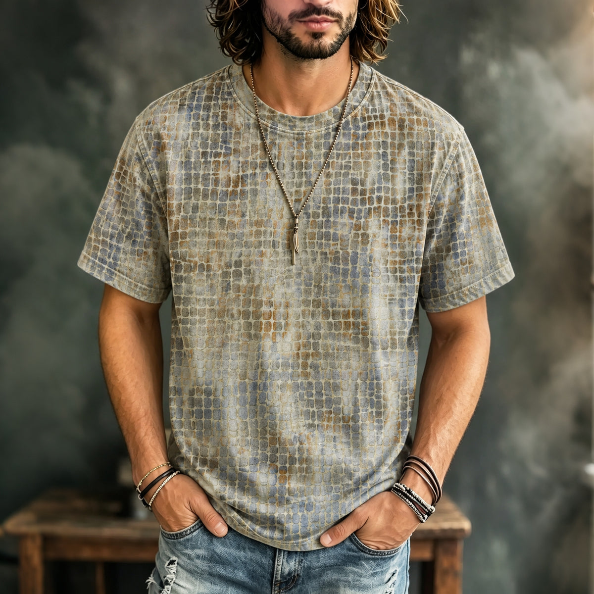 Men's Retro Geometric Gradient Art Print Casual T-shirt