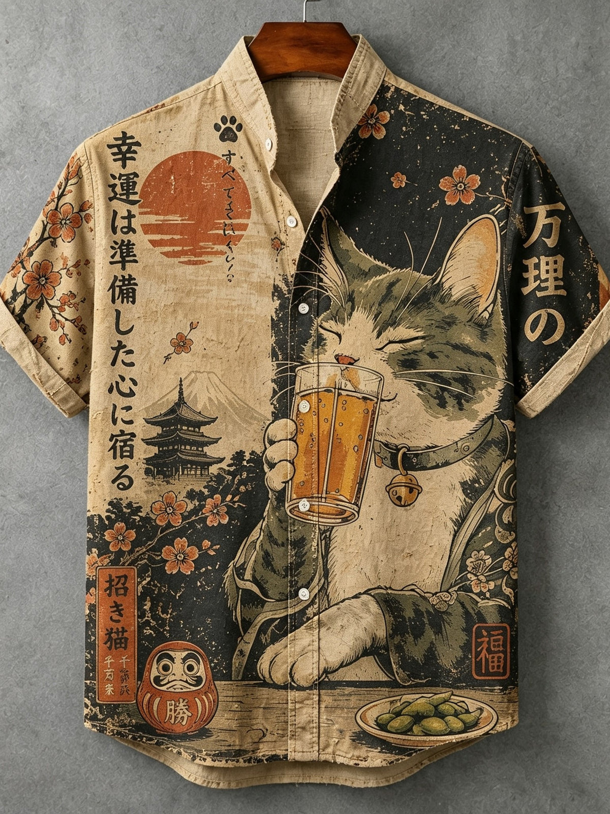 Men's Retro Japanese Art Cute Cat Print Linen Shirt