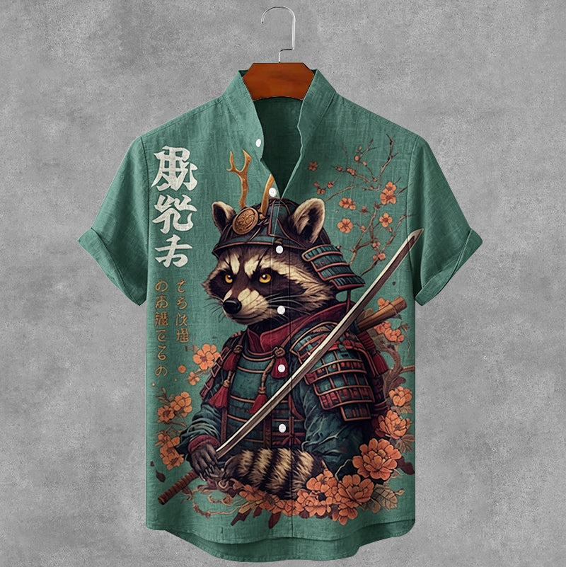 Vintage Japanese Raccoon Art Button Casual Linen Shirt