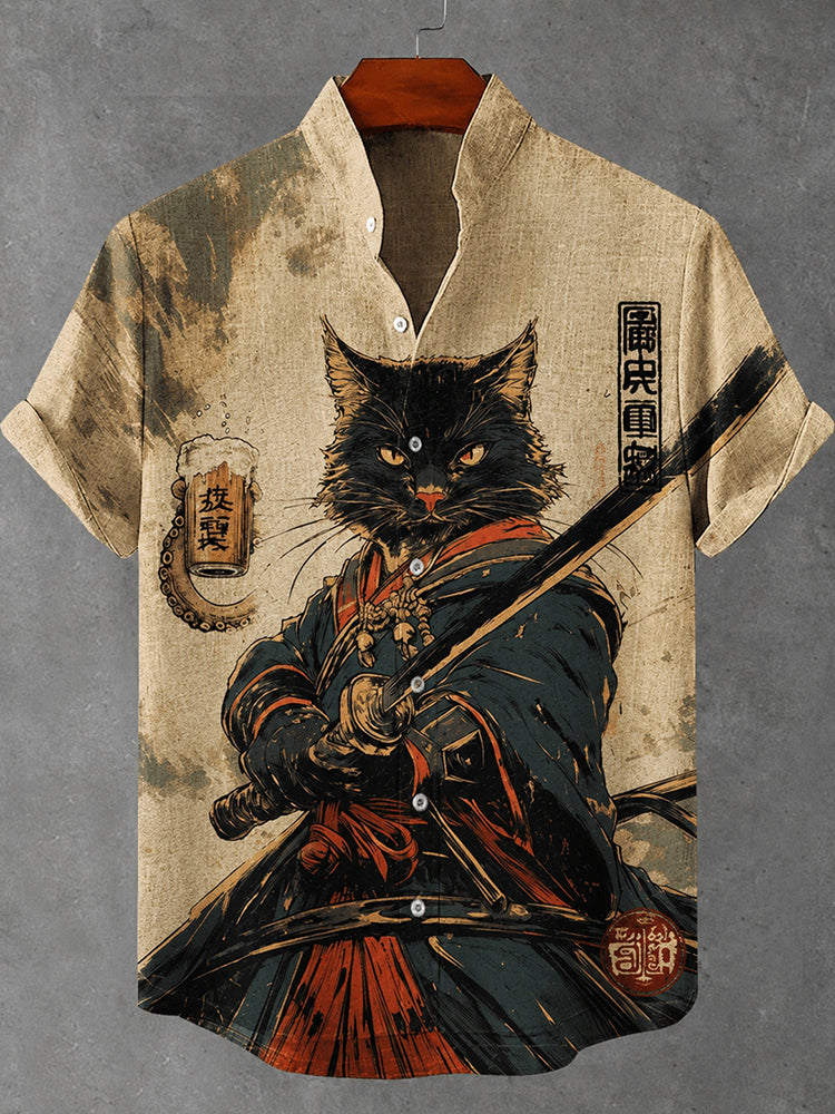 Men's Black Cat Samurai Japanese Art Print Casual Shirt