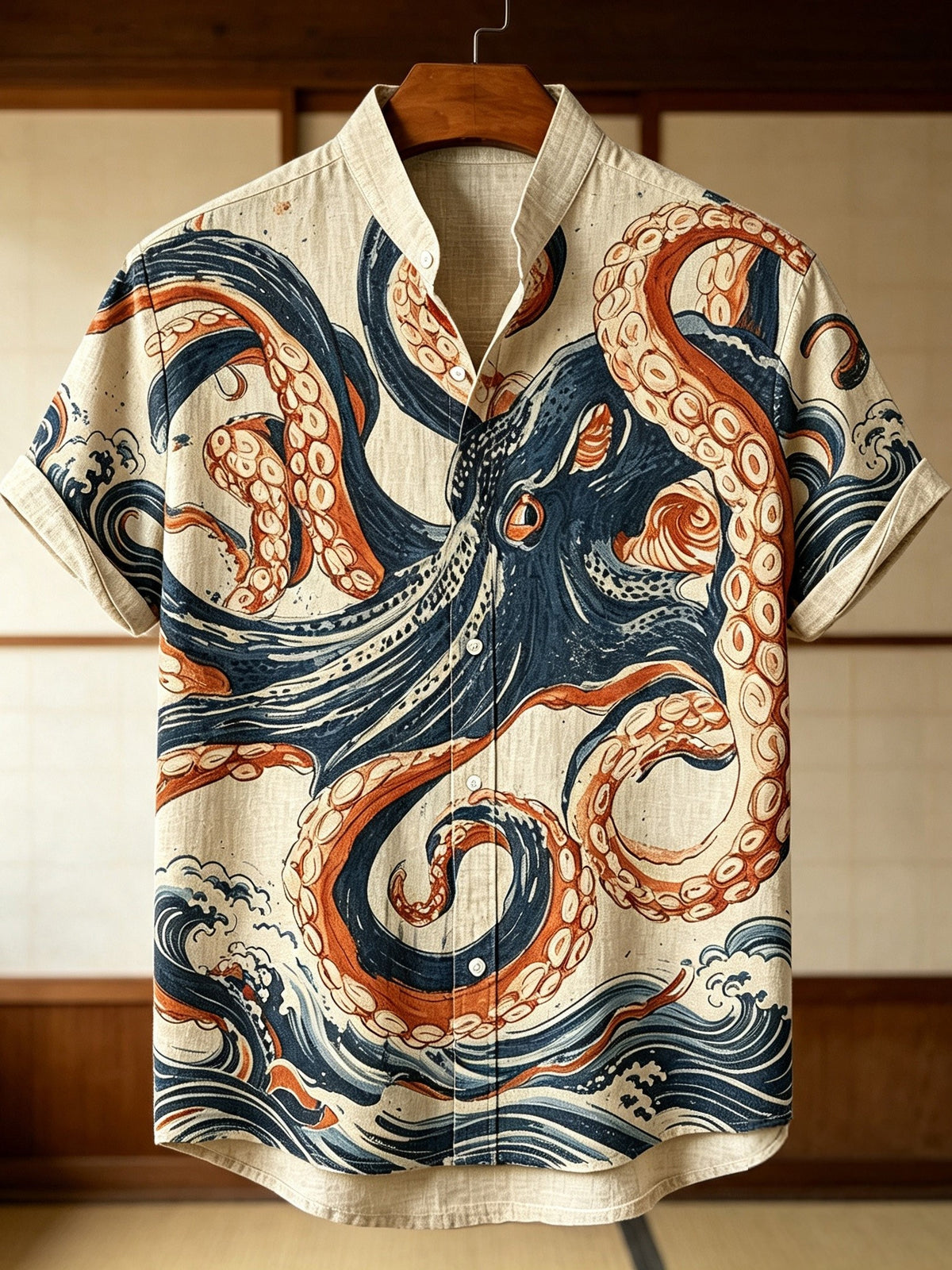 Men's Retro Japanese Art Octopus And Wave Print Linen Short-sleeve Shirt