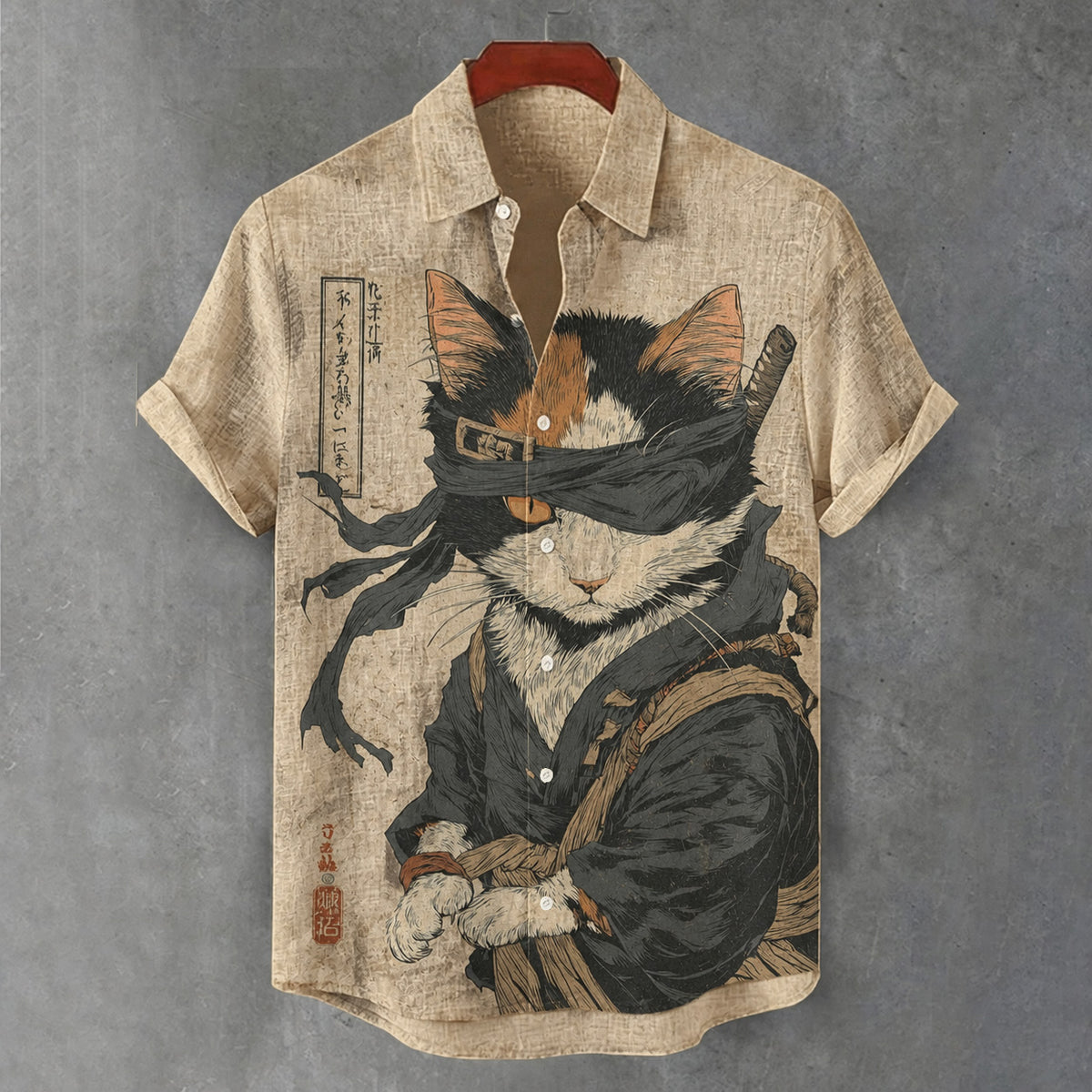 Men's Retro Japanese Cat Print Linen Shirt