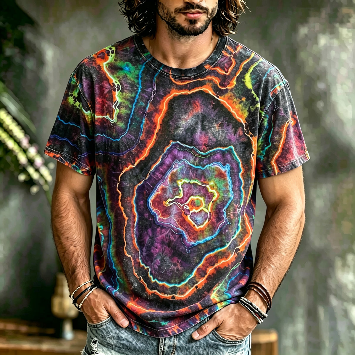 Men's Retro Hippie Tie-dye Art Print Crew Neck Short Sleeve T-shirt