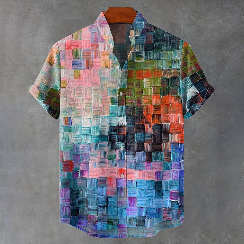 Oil Painting Style Lattice Vintage Art Print Casual Linen Shirt