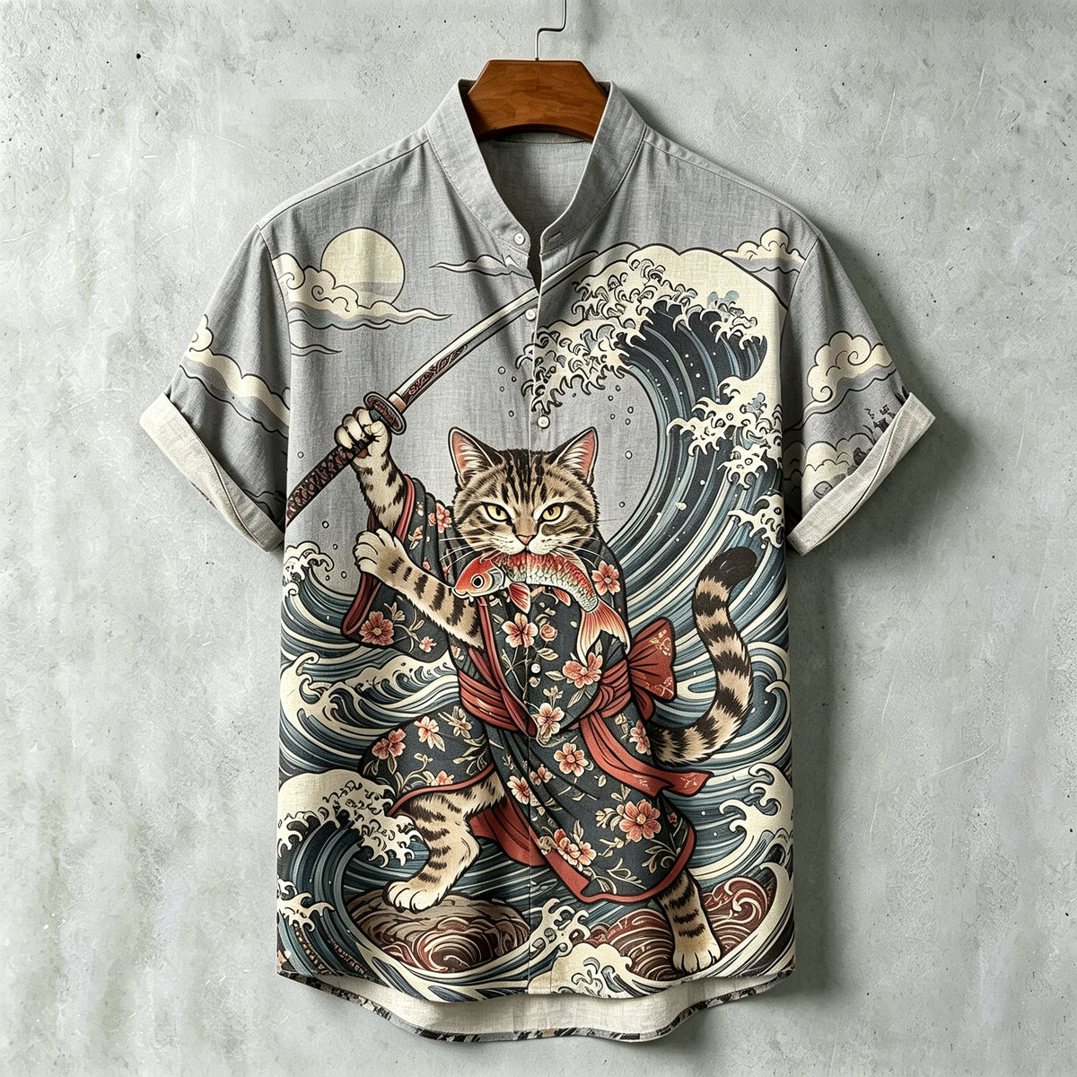 Men's Samurai Wave Print Short-sleeve Linen Shirt