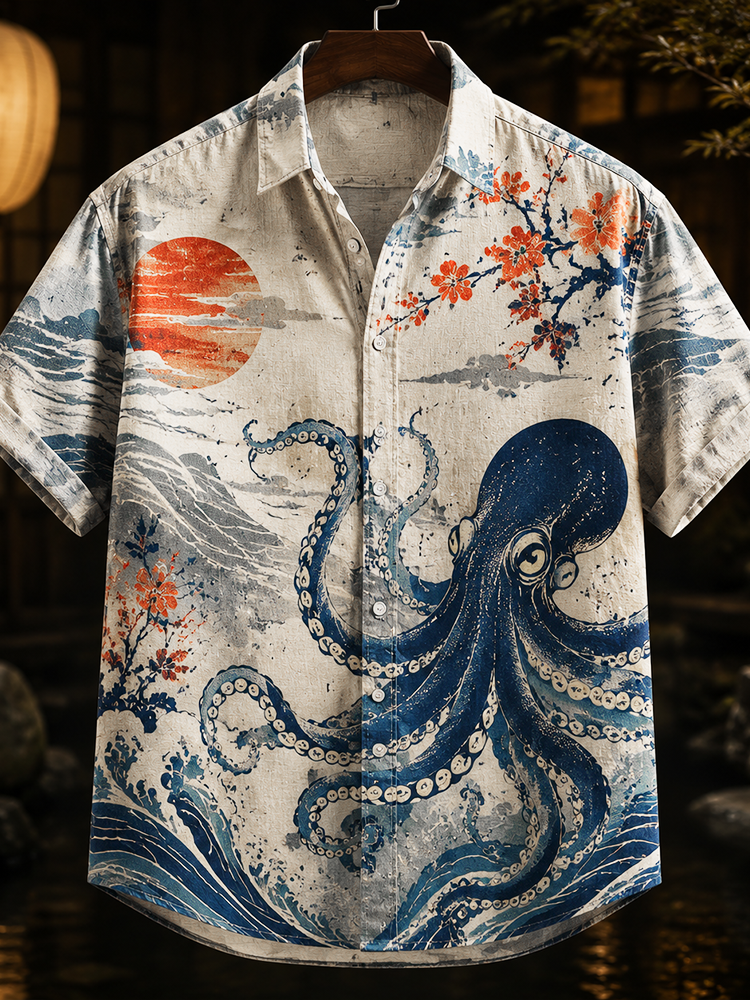 Men's Japanese Vintage Red Sun, Cherry Blossom & Blue Octopus Short-sleeve Shirt