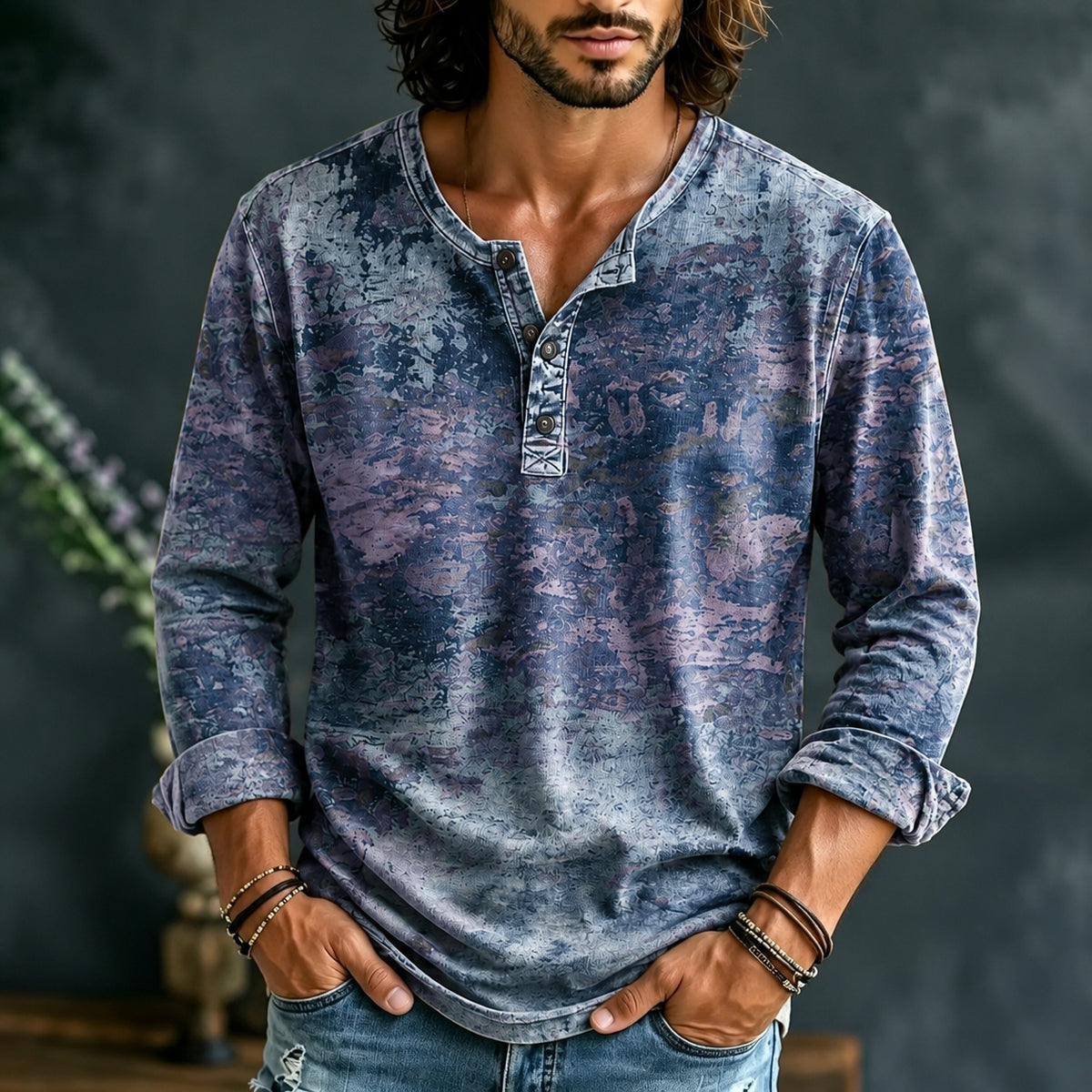 Men's Retro Ethnic Color Block Henley Neck T-shirt