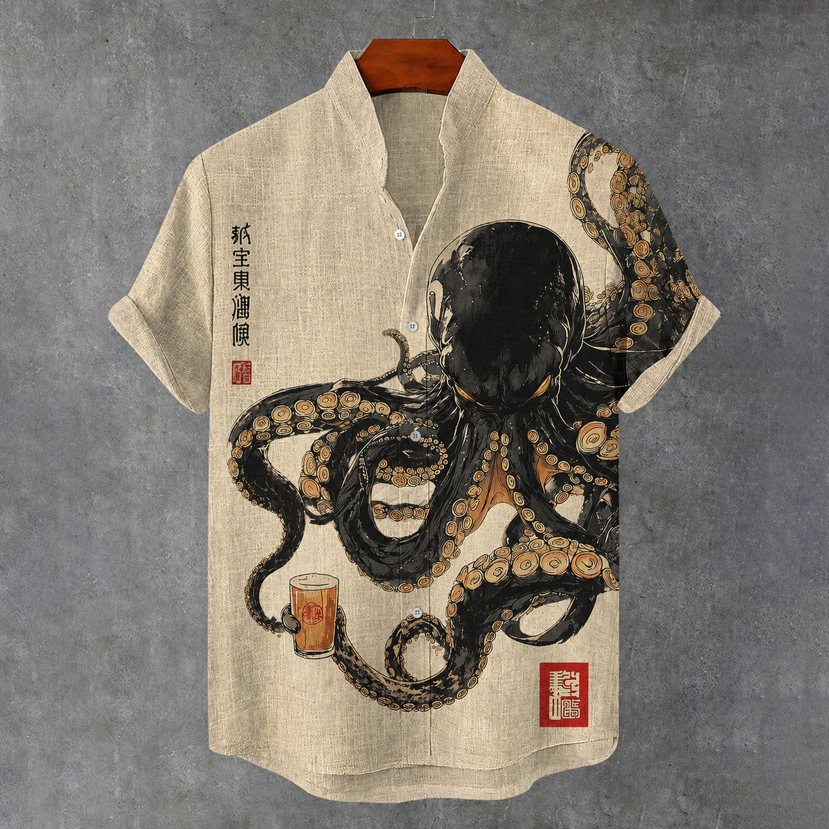 Men's Retro Japanese Octopus Art Print Casual Shirt