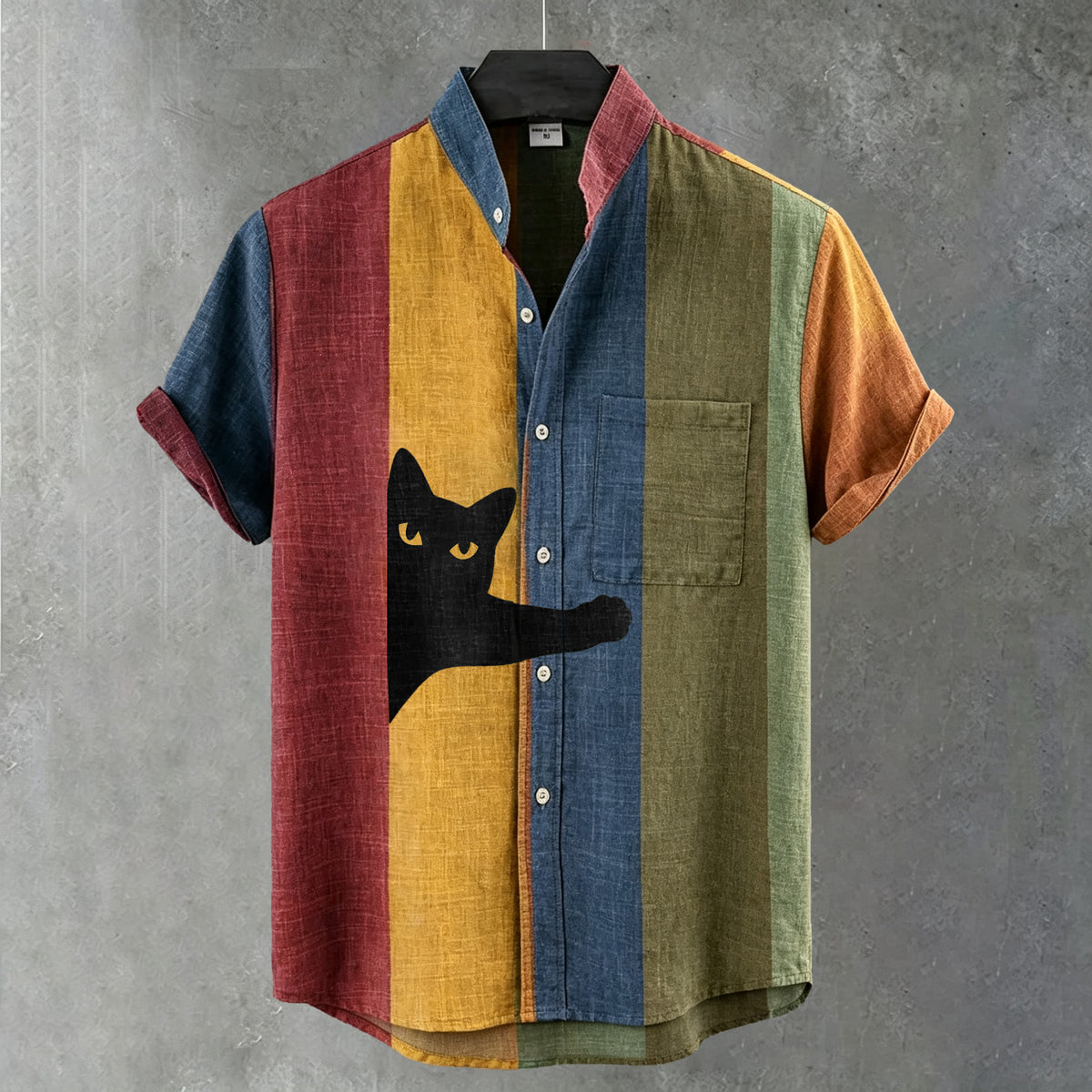 Men's Vintage Peeking Black Cat Contrast Stripe Art Casual Shirt