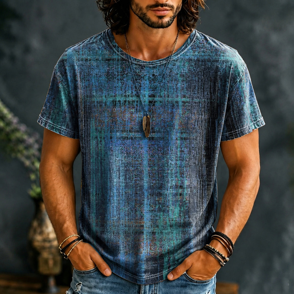 Men's Hippie Vintage Distressed Plaid Texture Print Short Sleeve T-shirt