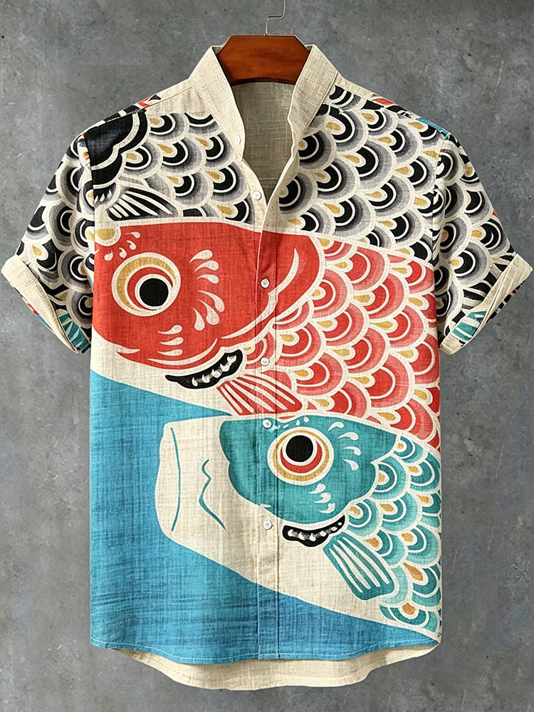 Men's Retro Art Color Block Fish Print Linen Short-sleeve Shirt