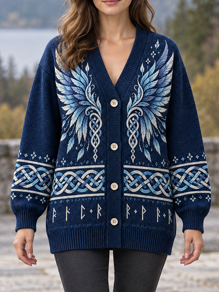 Womenwomen's Viking Wing And Celtic Knot Pattern V-neck Knit Cardigan
