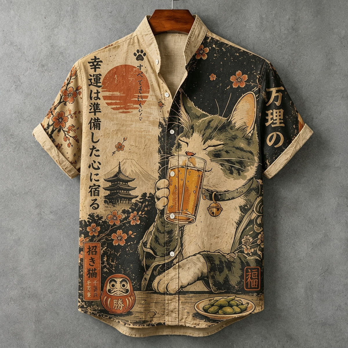 Men's Retro Japanese Art Cute Cat Print Linen Shirt