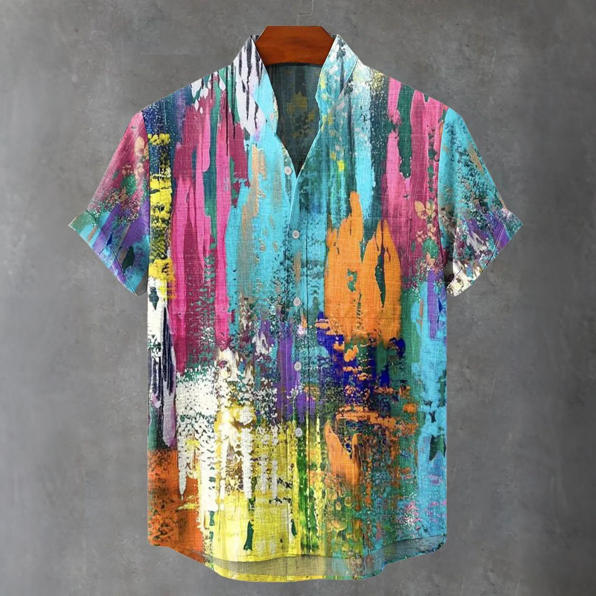 Men's Retro Art Multicolor Gradient Print Linen Short-sleeve Shirt