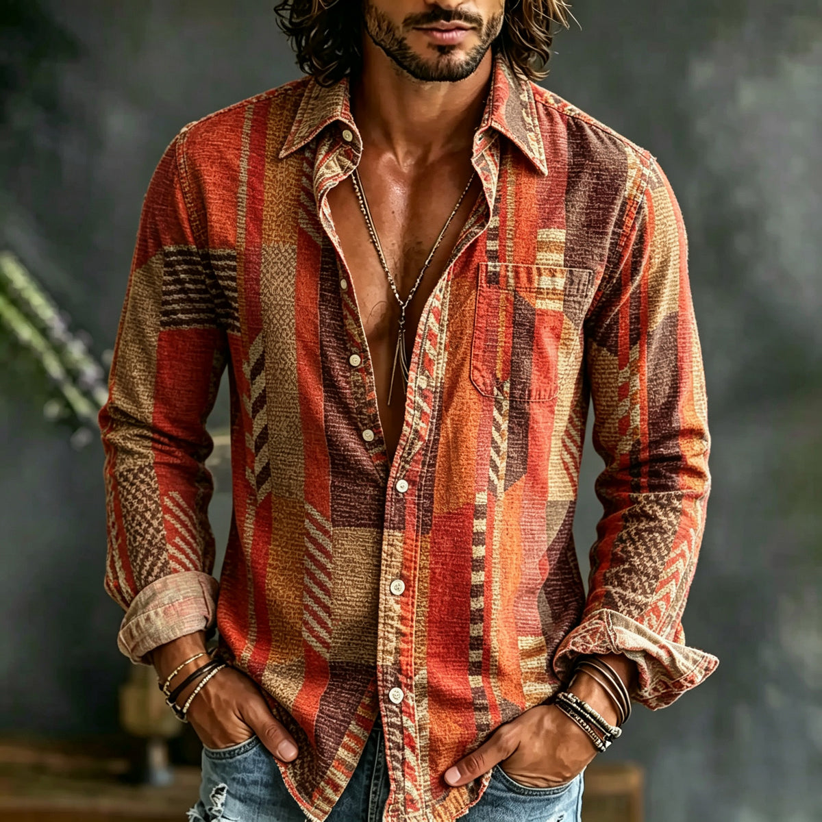 Men's Retro Geometric Art Print Linen Blend Long-sleeve Shirt