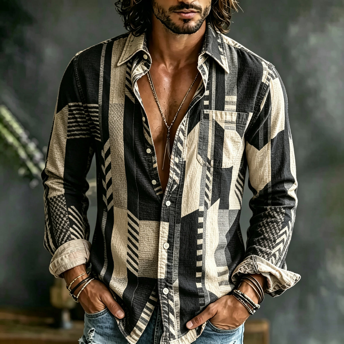 Men's Retro Geometric Art Print Linen Blend Long-sleeve Shirt