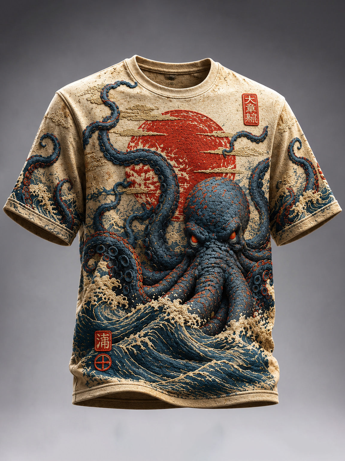 Men's Japanese Octopus And Wave Art Print Crew Neck Short Sleeve T-shirt