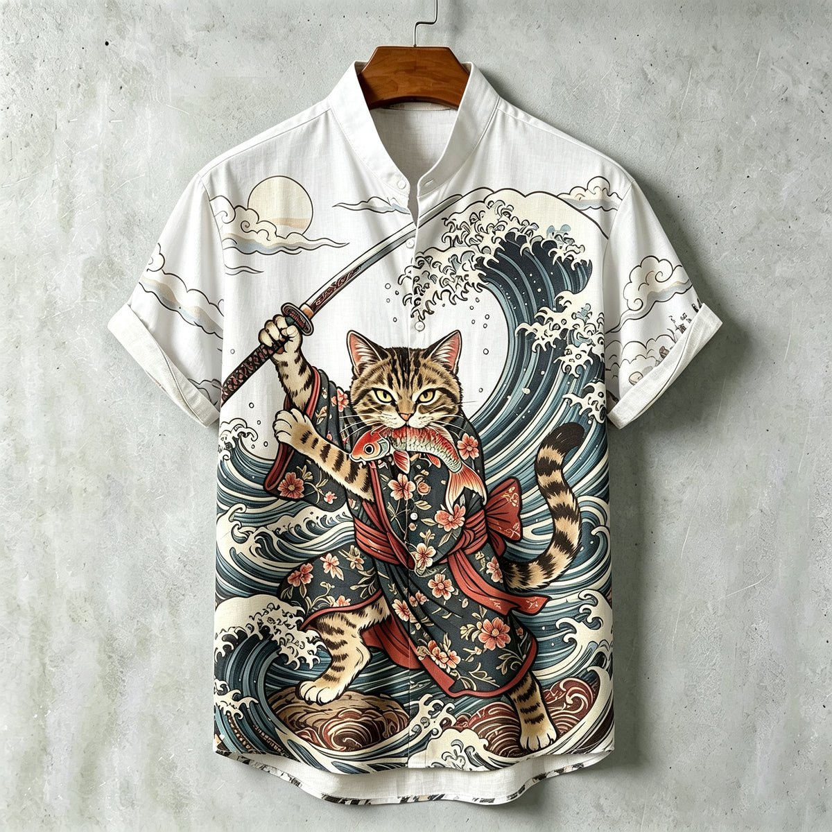 Men's Samurai Wave Print Short-sleeve Linen Shirt