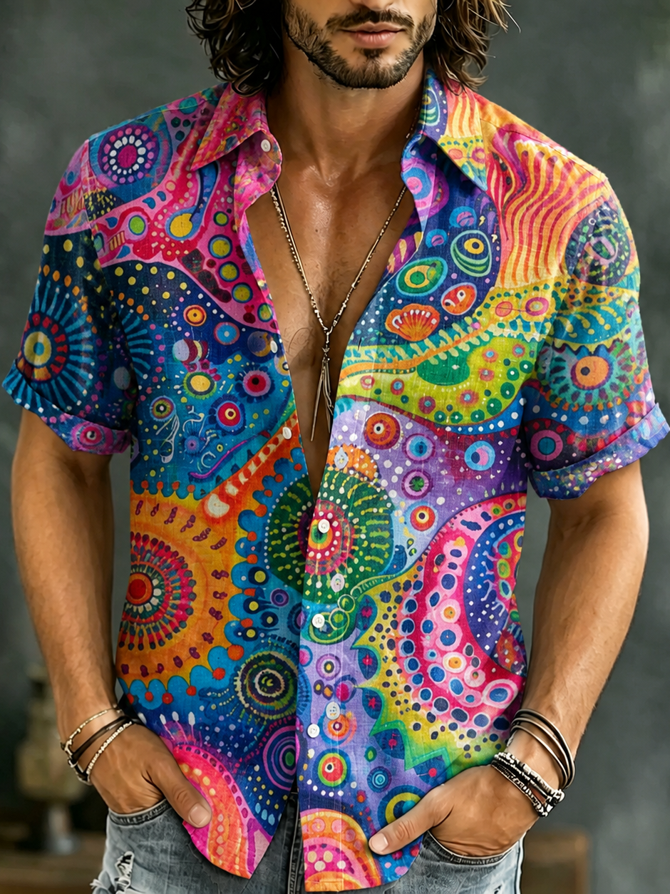 Men's Colorful Octopus Tentacle Fish Retro Art Print Linen Blend Short-sleeved Shirt