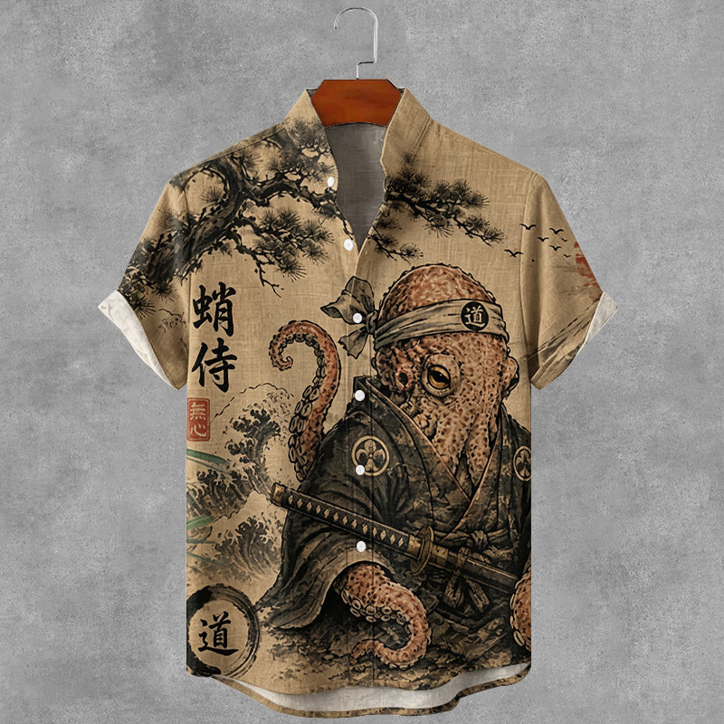 Vintage Japanese Ukiyo-e Art Print Button Casual Linen Shirt