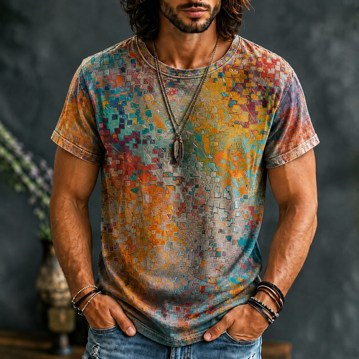 Men's Retro Oil Painting Style Lattice Gradient Art Print T-shirt