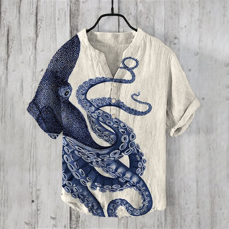 Japanese Art Octopus Graphic Printed Short Sleeve Shirt