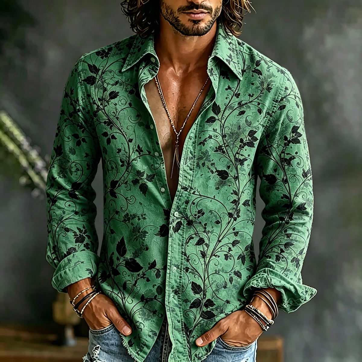 Men's Retro Floral Art Print Linen Casual Shirt