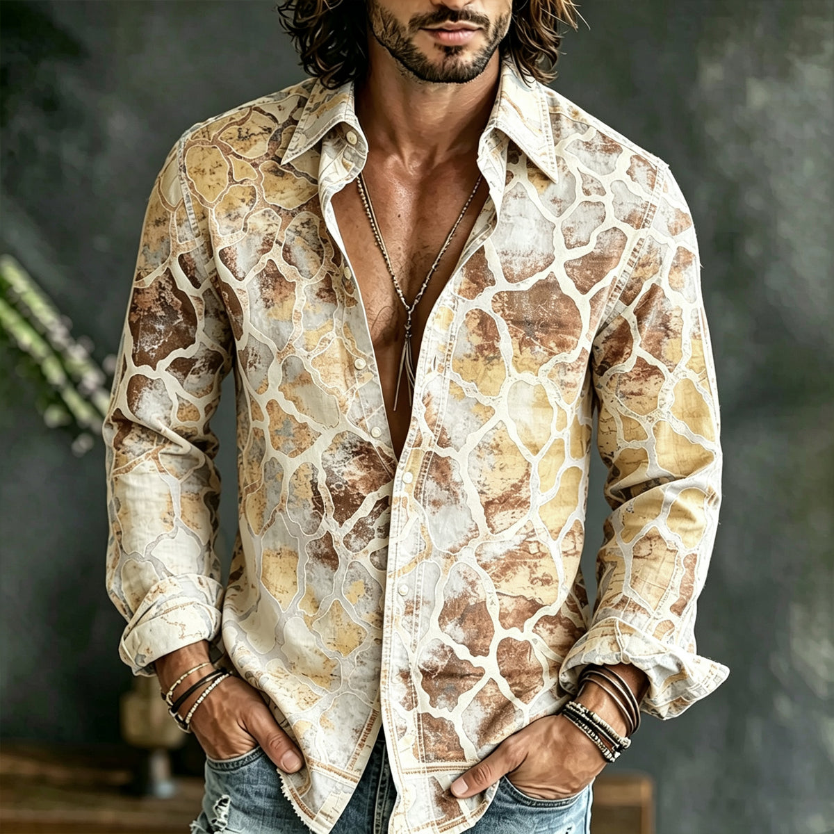 Men's Vintage Geometric Art Gradient Linen Long-sleeved Top