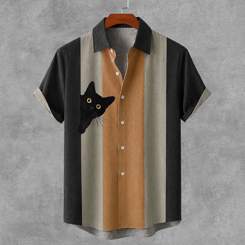 Men's Vintage Peeking Black Cat Contrast Stripes Art Casual Shirt