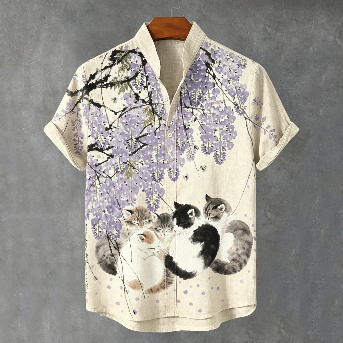 Men's Japanese Art Retro Floral Cat Print Linen Short-sleeve Shirt