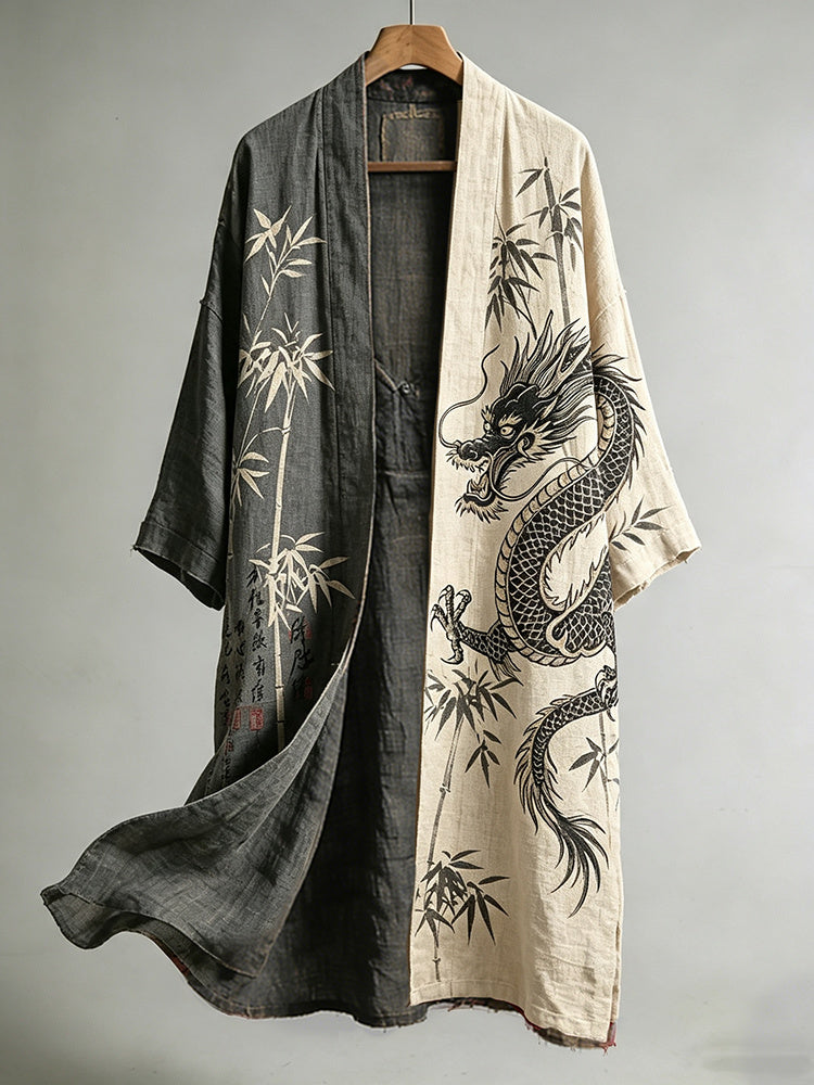 Men's Vintage Bamboo And Dragon Art Print Linen Blend Long Kimono