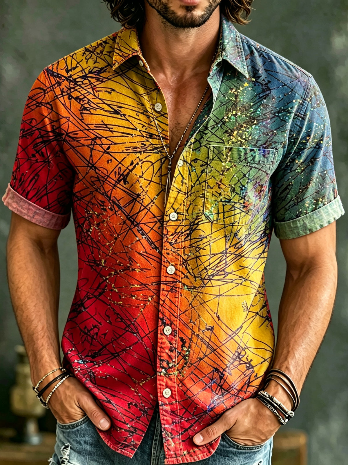 Men's Rainbow-colored Striped Print And Linen Short-sleeved Shirt