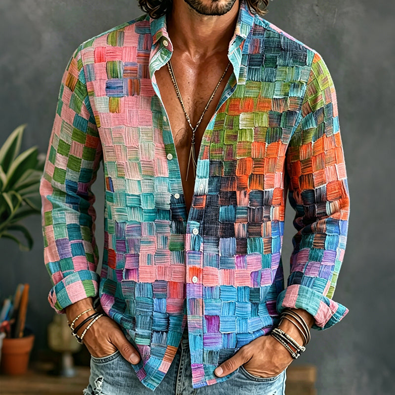 Vintage Oil Painting Style Lattice Art Print Casual Linen Shirt