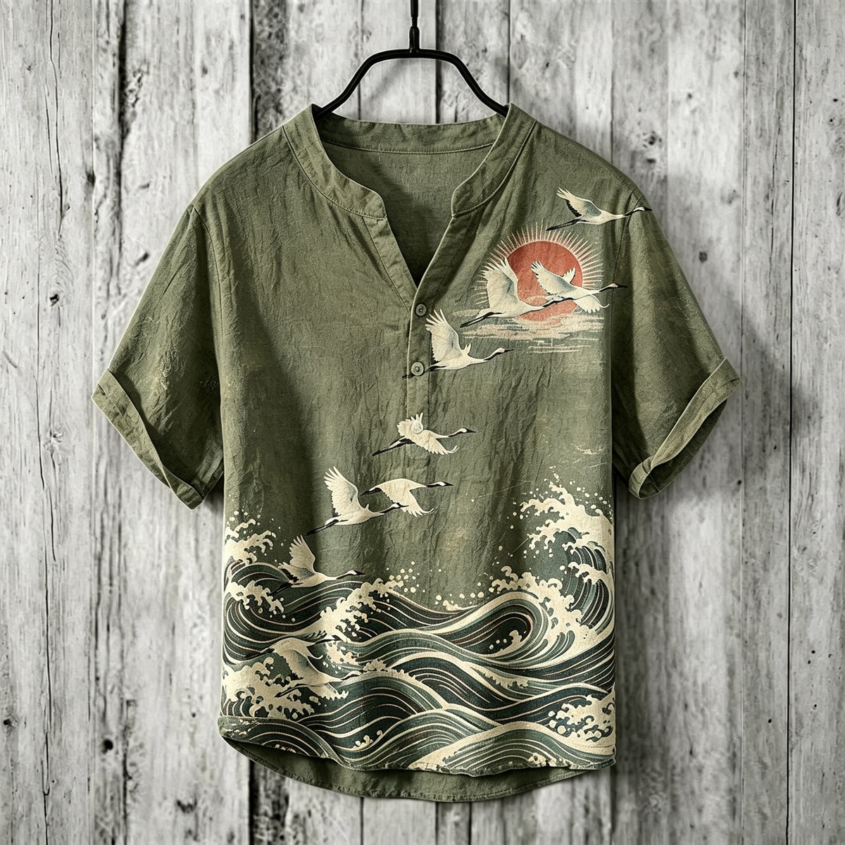 Men's Retro Japanese Art Ukiyo-e Crane And Wave Print Linen Top