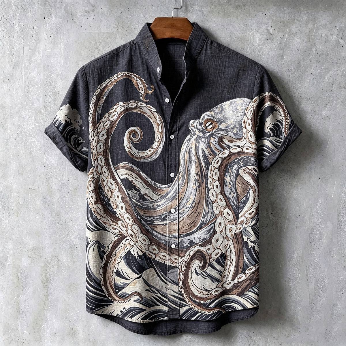 Men's Retro Japanese Art Octopus Print Linen Short-sleeve Shirt