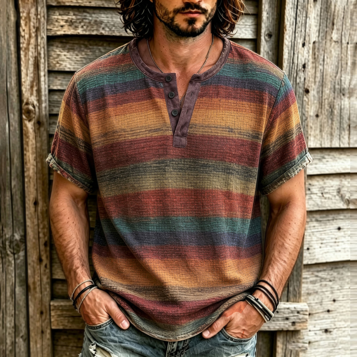 Men's Retro Rainbow Striped Distressed Texture Print Henry's Collar T-shirt