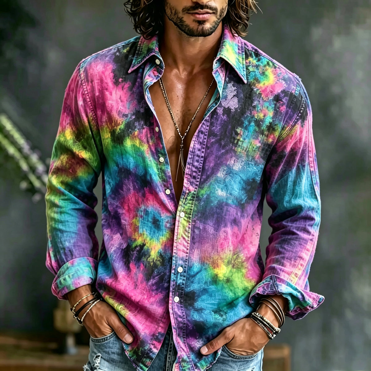 Men's Retro Hippie Tie-dye Art Print Linen Blend Long-sleeve Shirt