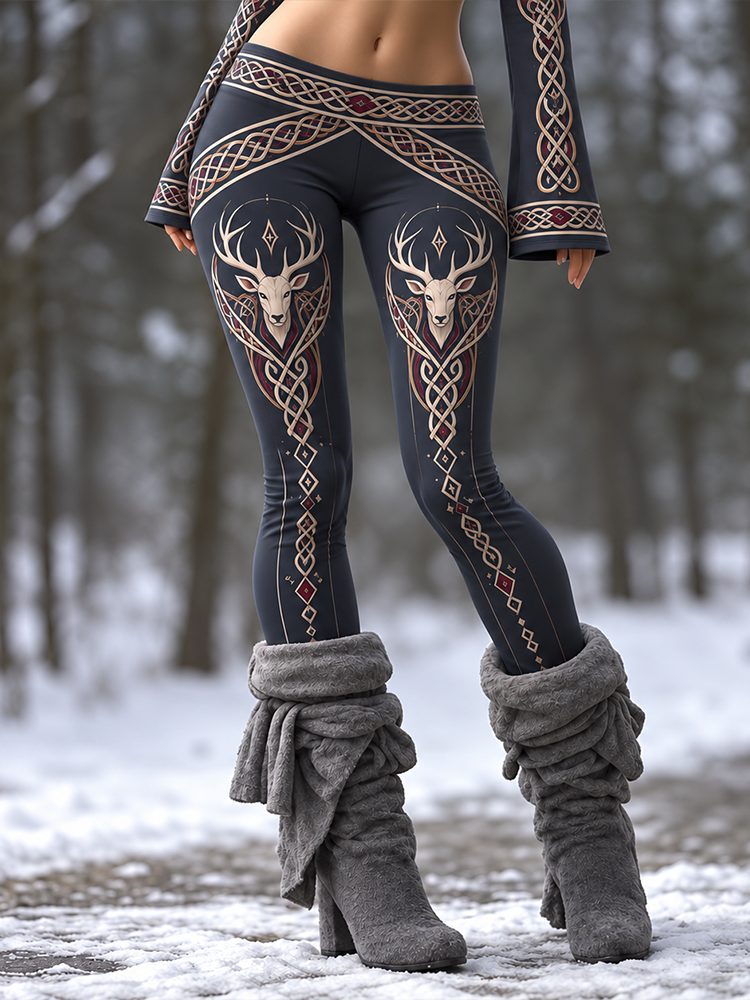 Women's Black Celtic Stag And Knot Pattern Leggings