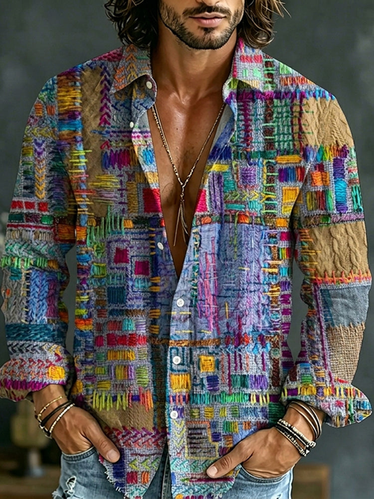 Vintage Colorful Geometric Patterns Casual Linen Shirt