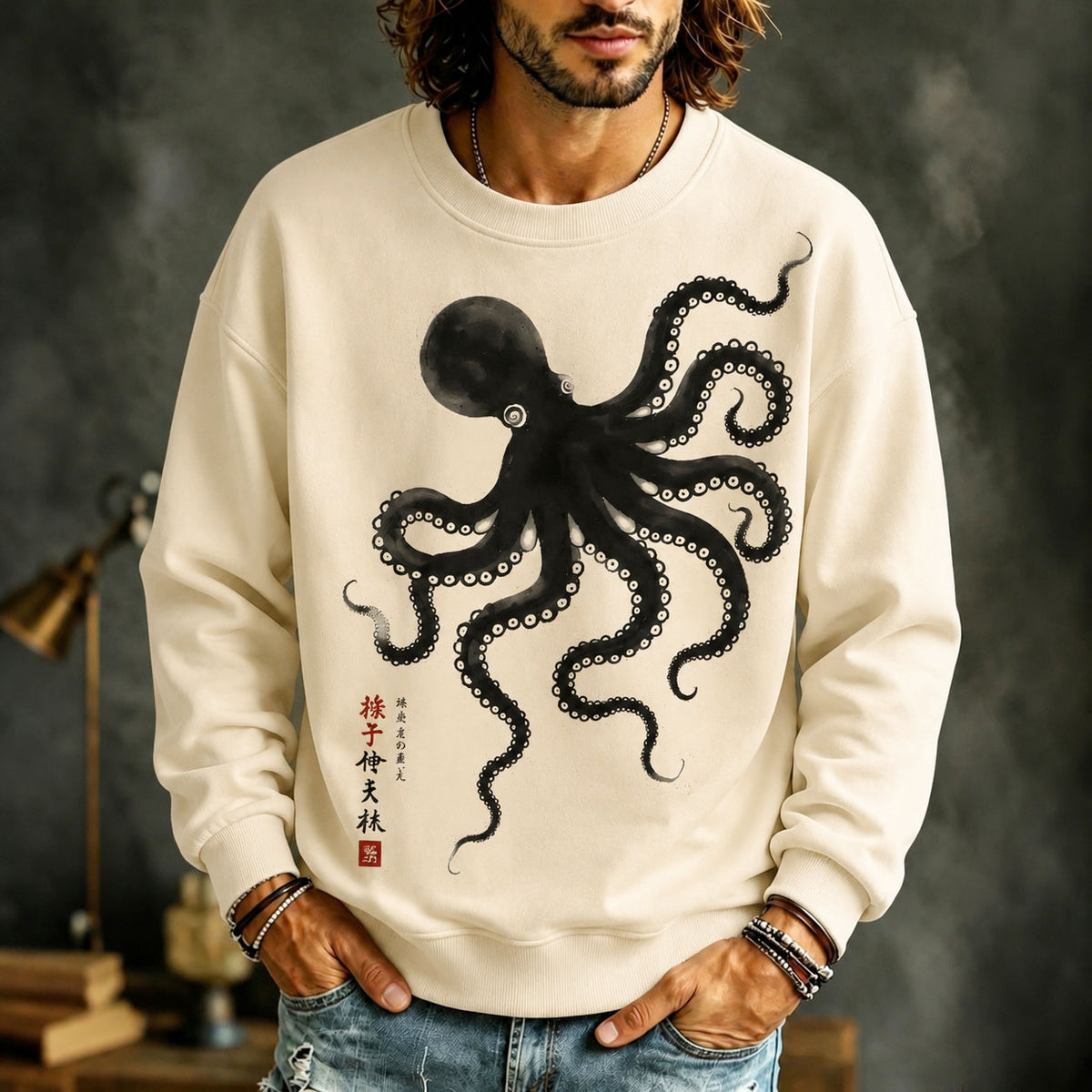 Men's Japanese Octopus Art Print Casual Sweatshirt
