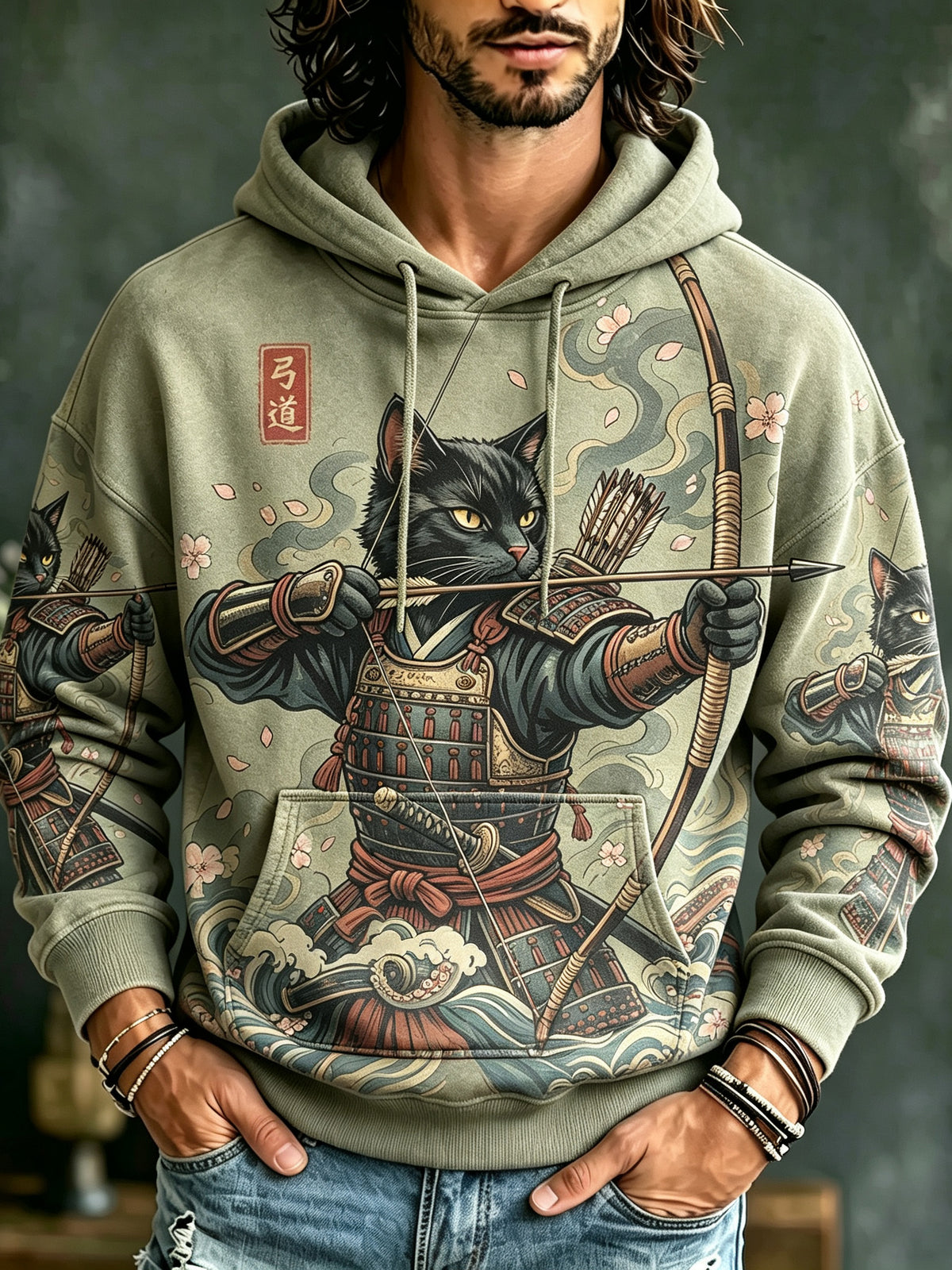 Men's Vintage Japanese Cat Samurai Art Print Hoodie
