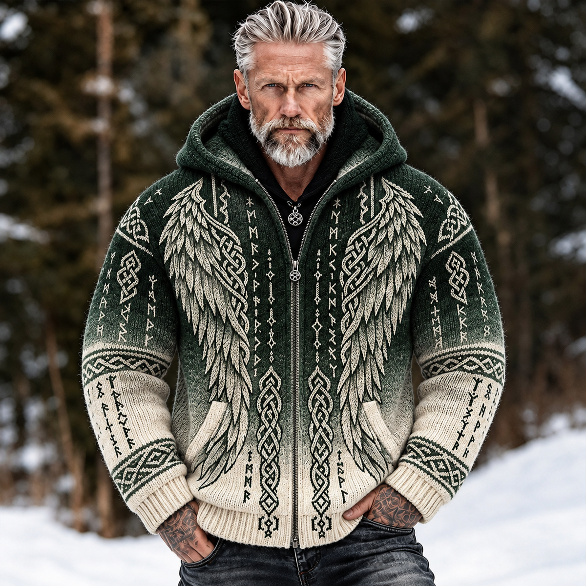 Men's Vintage Viking Style Wings And Celtic Knot Art Jacquard Hooded Cardigan Sweater