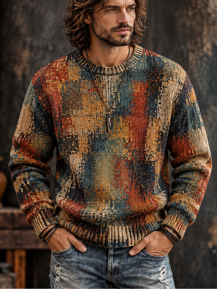 Men's Vintage Colorblock Geometric Pattern Knit Sweater